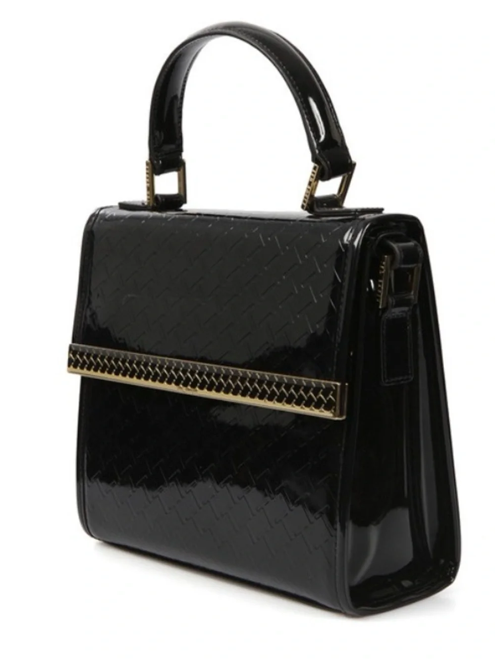 NWOT Ted Baker Black Patent leather Top-Handle Crossbody Bag with Gold Trim